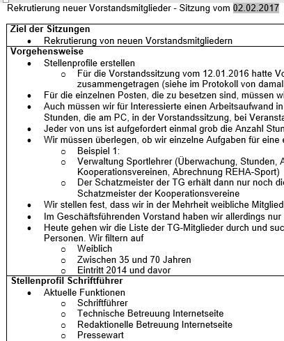 Rekrutierung neuer Vorstandsmitglieder Protokollausschnitt